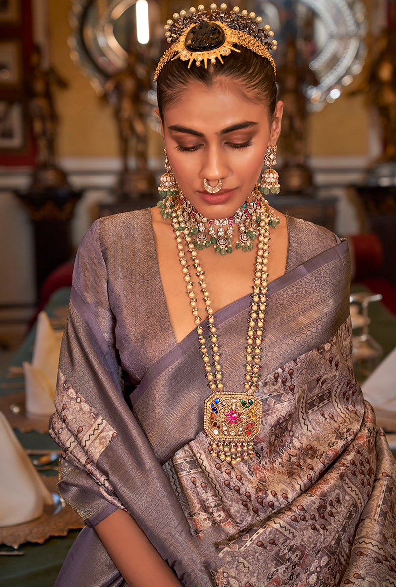 Monjolika Fashion Tussar Silk Digital Print Zari Border Purple Contemporary Saree | Grocsy