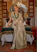 Monjolika Fashion Tussar Silk Digital Print Zari Border Light Olive Contemporary Saree | Grocsy