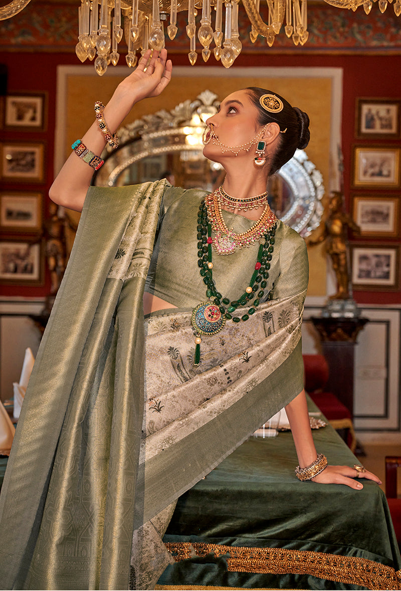 Monjolika Fashion Tussar Silk Digital Print Zari Border Light Olive Contemporary Saree | Grocsy