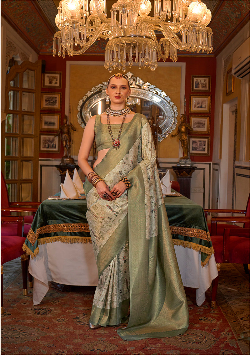 Monjolika Fashion Tussar Silk Digital Print Zari Border Light Green Contemporary Saree | Grocsy