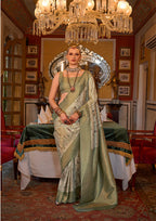 Monjolika Fashion Tussar Silk Digital Print Zari Border Light Green Contemporary Saree | Grocsy