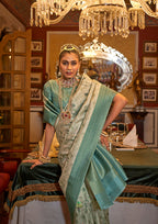 Monjolika Fashion Tussar Silk Digital Print Zari Border Light Turquoise Contemporary Saree | Grocsy