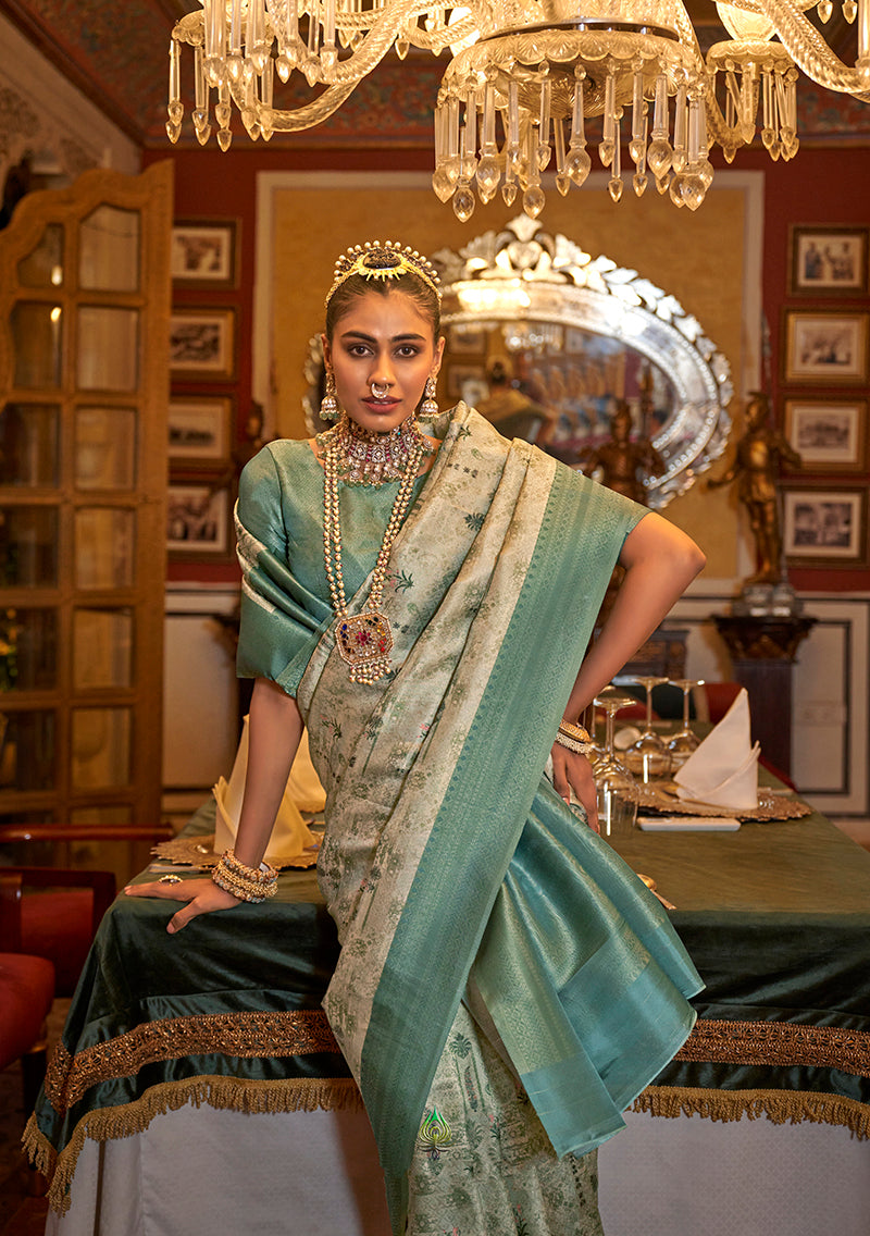 Monjolika Fashion Tussar Silk Digital Print Zari Border Light Turquoise Contemporary Saree | Grocsy