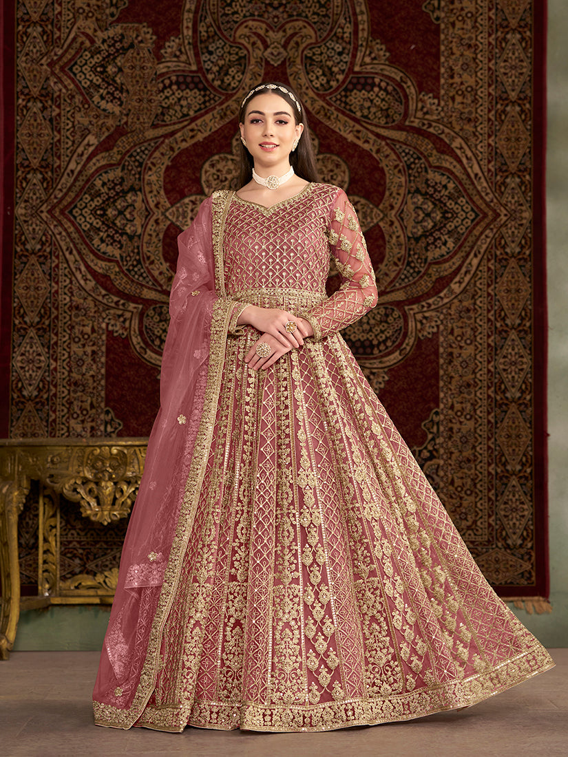 Monjolika Fashion Pink Color Embroidered Santoon Net Salwar Suit | Grocsy