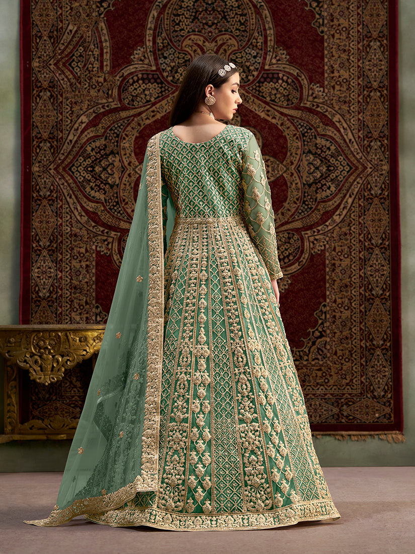 Monjolika Fashion Light-Green Color Embroidered Santoon Net Salwar Suit | Grocsy