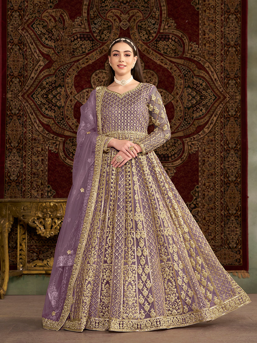 Monjolika Fashion Lilac Color Embroidered Santoon Net Salwar Suit | Grocsy