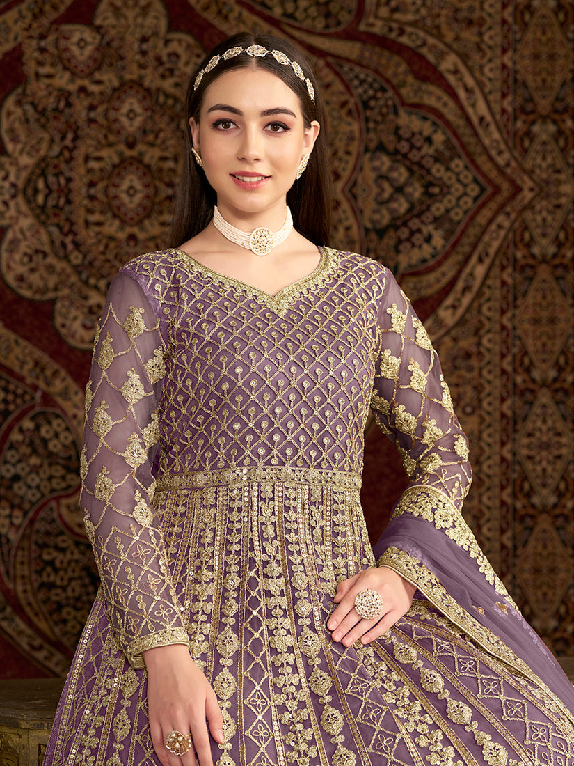Monjolika Fashion Lilac Color Embroidered Santoon Net Salwar Suit | Grocsy