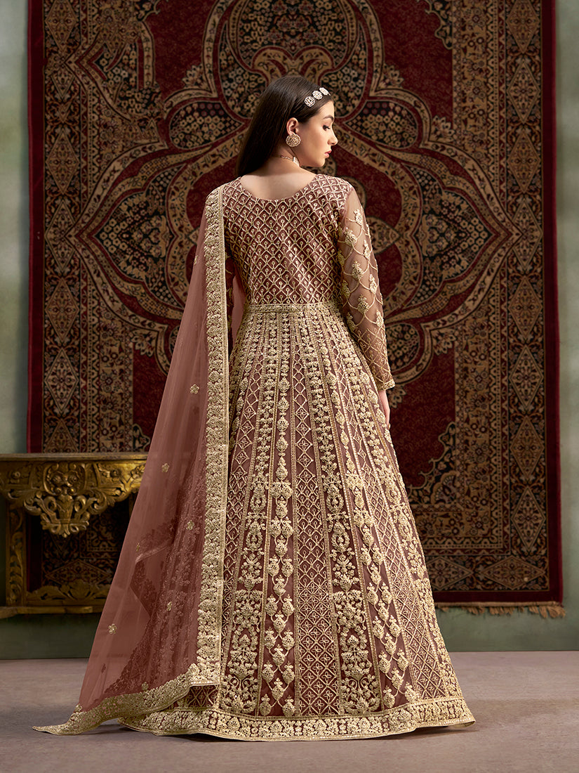 Monjolika Fashion Brown Color Embroidered Santoon Net Salwar Suit | Grocsy