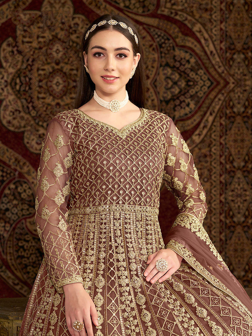 Monjolika Fashion Brown Color Embroidered Santoon Net Salwar Suit | Grocsy