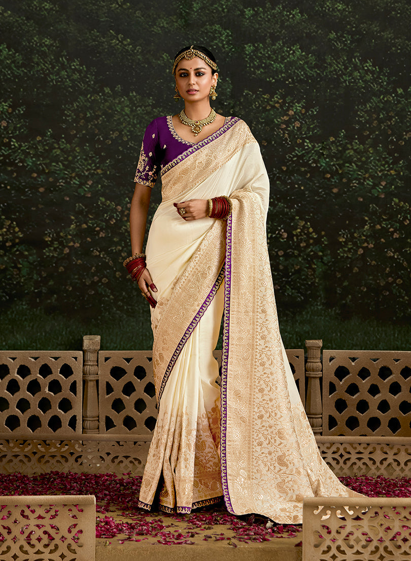 Monjolika Fashion Sequins Embroidered Border Work Dola Silk Cream Reception Classic Saree | Grocsy