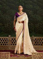 Monjolika Fashion Sequins Embroidered Border Work Dola Silk Cream Reception Classic Saree | Grocsy