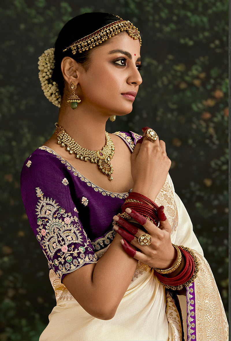 Monjolika Fashion Sequins Embroidered Border Work Dola Silk Cream Reception Classic Saree | Grocsy