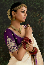 Monjolika Fashion Sequins Embroidered Border Work Dola Silk Cream Reception Classic Saree | Grocsy
