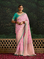 Monjolika Fashion Sequins Embroidered Border Work Dola Silk Pink Reception Classic Saree | Grocsy