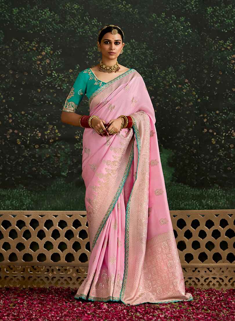Monjolika Fashion Sequins Embroidered Border Work Dola Silk Pink Reception Classic Saree | Grocsy