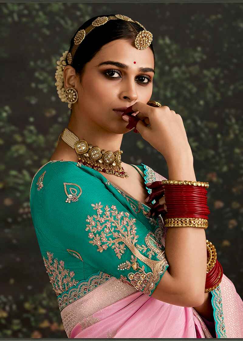 Monjolika Fashion Sequins Embroidered Border Work Dola Silk Pink Reception Classic Saree | Grocsy
