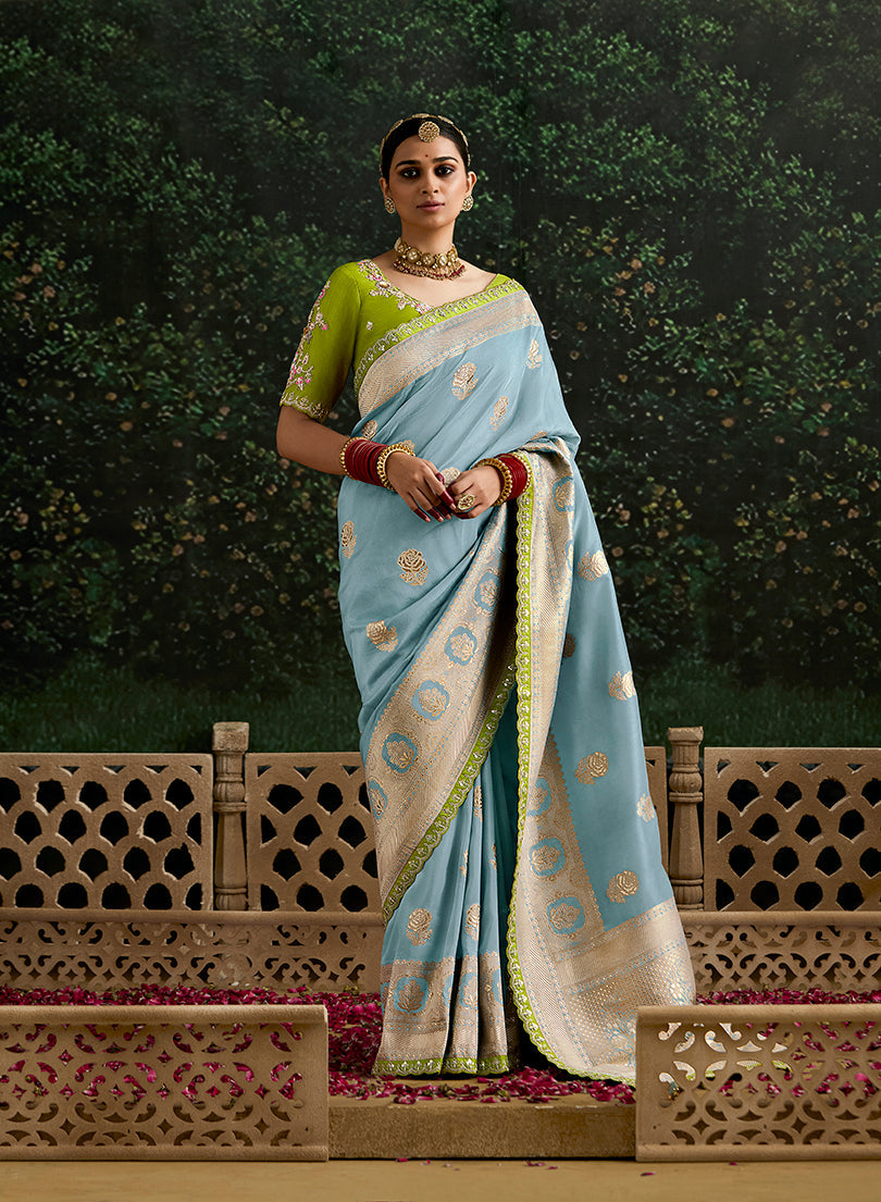 Monjolika Fashion Sequins Embroidered Border Work Dola Silk Aqua Blue Reception Classic Saree | Grocsy