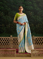 Monjolika Fashion Sequins Embroidered Border Work Dola Silk Aqua Blue Reception Classic Saree | Grocsy