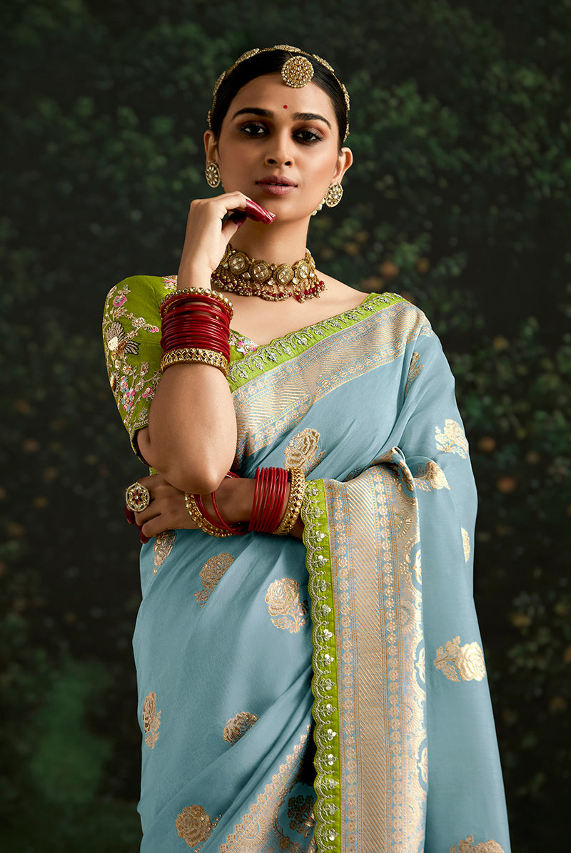 Monjolika Fashion Sequins Embroidered Border Work Dola Silk Aqua Blue Reception Classic Saree | Grocsy