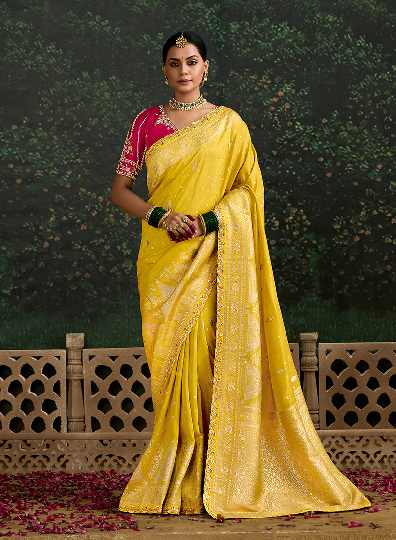 Monjolika Fashion Sequins Embroidered Border Work Dola Silk Yellow Reception Classic Saree | Grocsy
