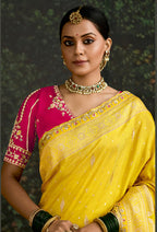 Monjolika Fashion Sequins Embroidered Border Work Dola Silk Yellow Reception Classic Saree | Grocsy