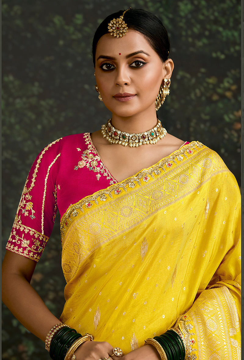 Monjolika Fashion Sequins Embroidered Border Work Dola Silk Yellow Reception Classic Saree | Grocsy