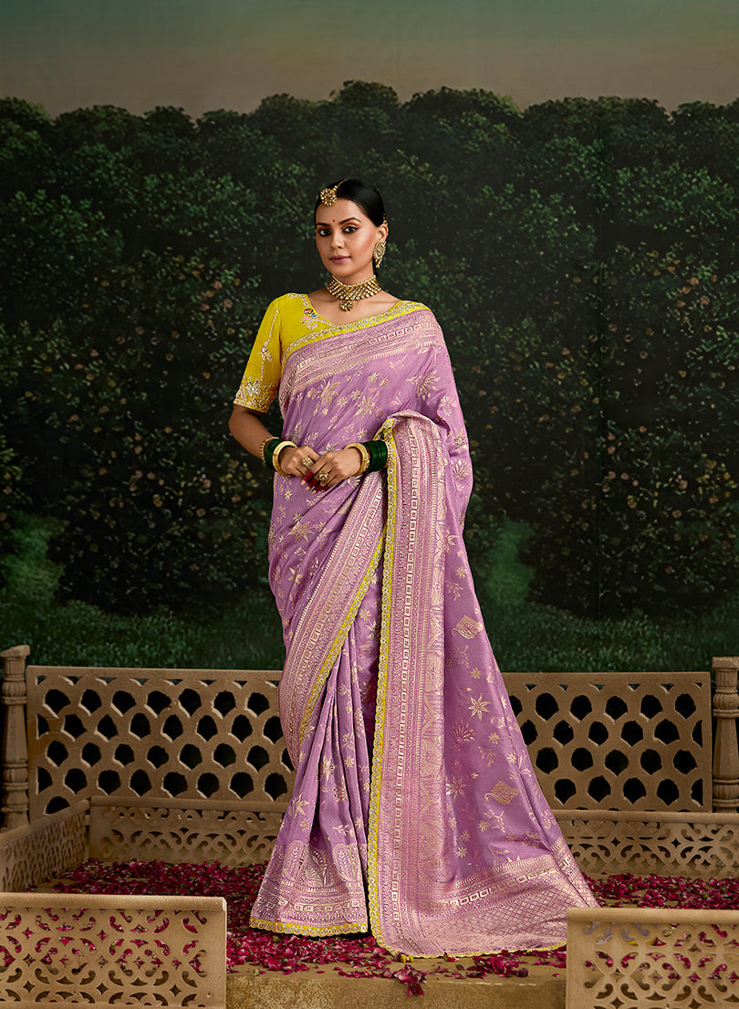 Monjolika Fashion Sequins Embroidered Border Work Dola Silk Lilac Reception Classic Saree | Grocsy