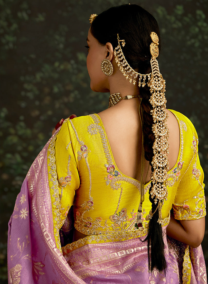 Monjolika Fashion Sequins Embroidered Border Work Dola Silk Lilac Reception Classic Saree | Grocsy