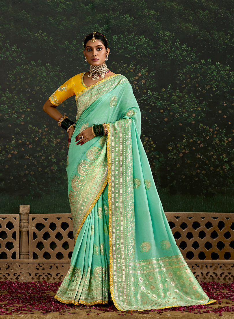 Monjolika Fashion Sequins Embroidered Border Work Dola Silk Turquoise Reception Classic Saree | Grocsy
