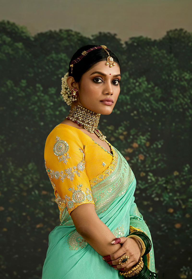 Monjolika Fashion Sequins Embroidered Border Work Dola Silk Turquoise Reception Classic Saree | Grocsy