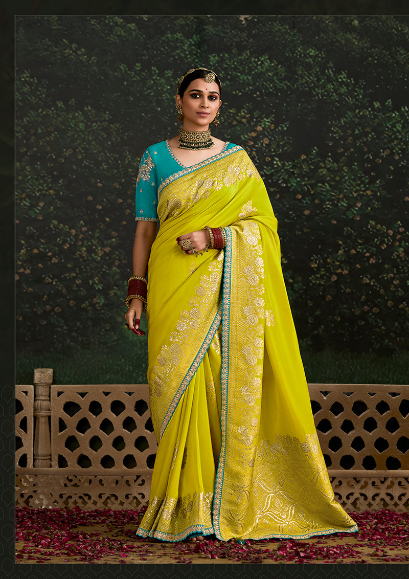 Monjolika Fashion Sequins Embroidered Border Work Dola Silk Light Olive Green Reception Classic Saree | Grocsy