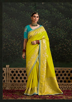 Monjolika Fashion Sequins Embroidered Border Work Dola Silk Light Olive Green Reception Classic Saree | Grocsy
