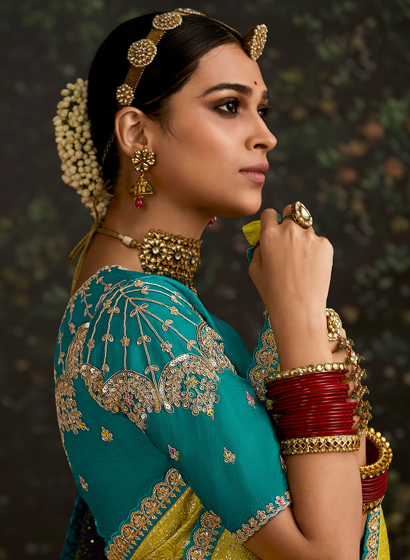 Monjolika Fashion Sequins Embroidered Border Work Dola Silk Light Olive Green Reception Classic Saree | Grocsy