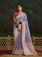 Monjolika Fashion Sequins Embroidered Border Work Dola Silk Lavender Reception Classic Saree | Grocsy