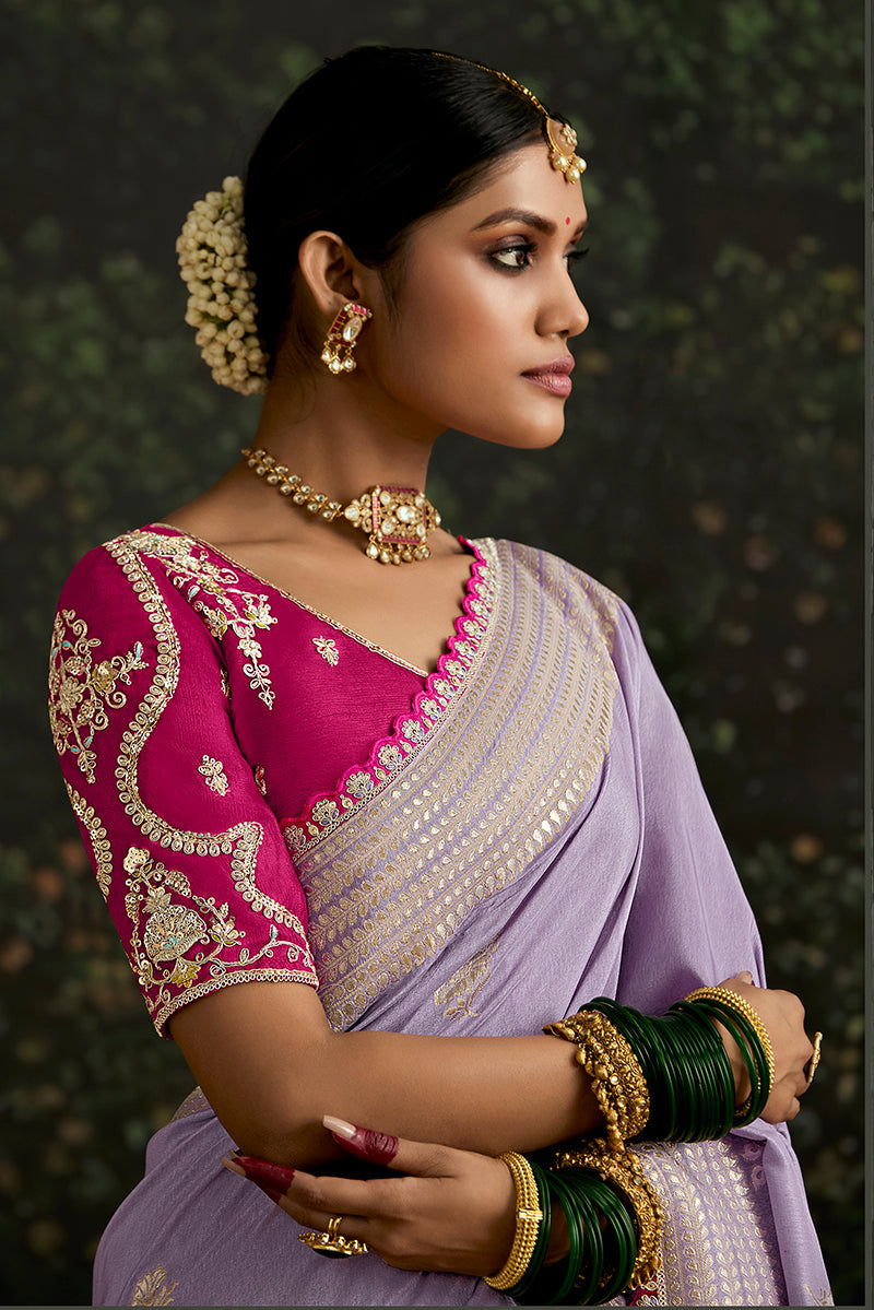 Monjolika Fashion Sequins Embroidered Border Work Dola Silk Lavender Reception Classic Saree | Grocsy