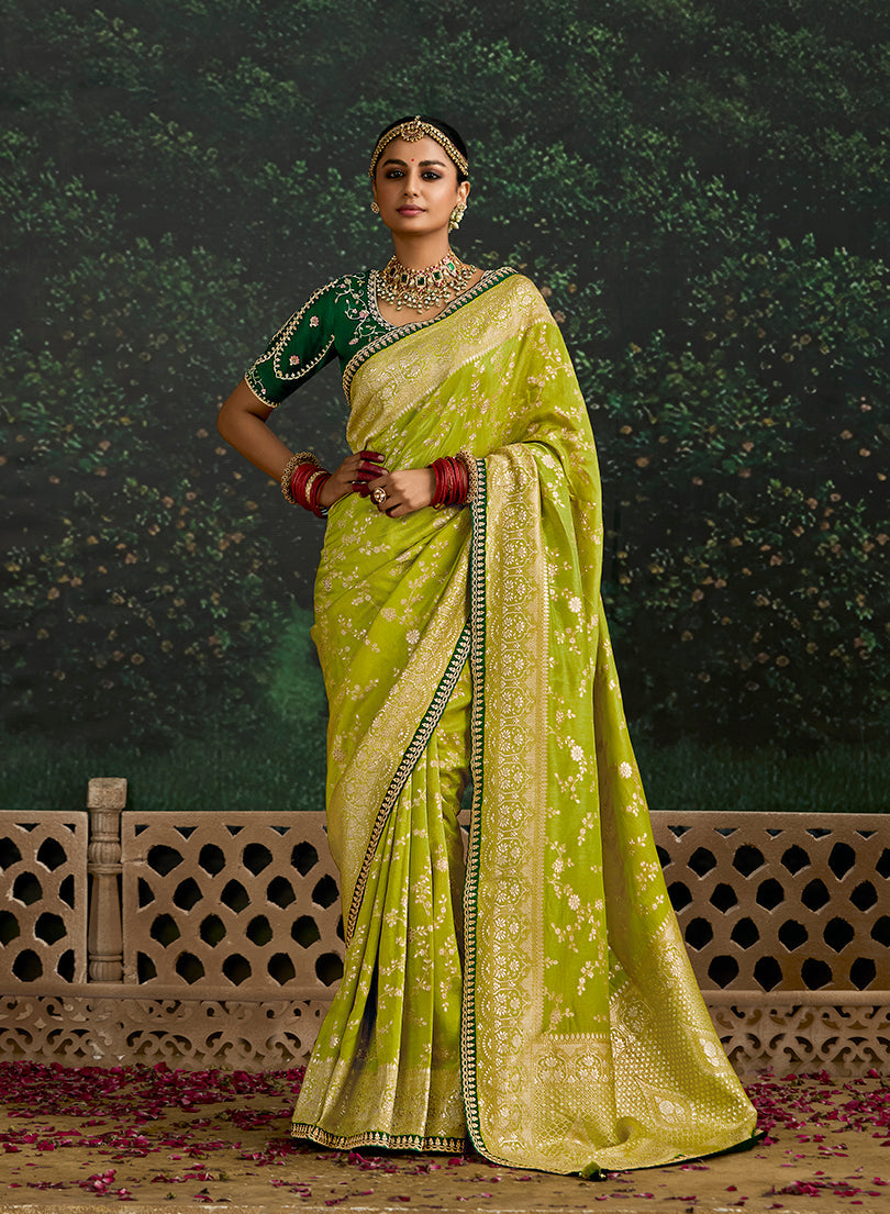 Monjolika Fashion Sequins Embroidered Border Work Dola Silk Pear Reception Classic Saree | Grocsy