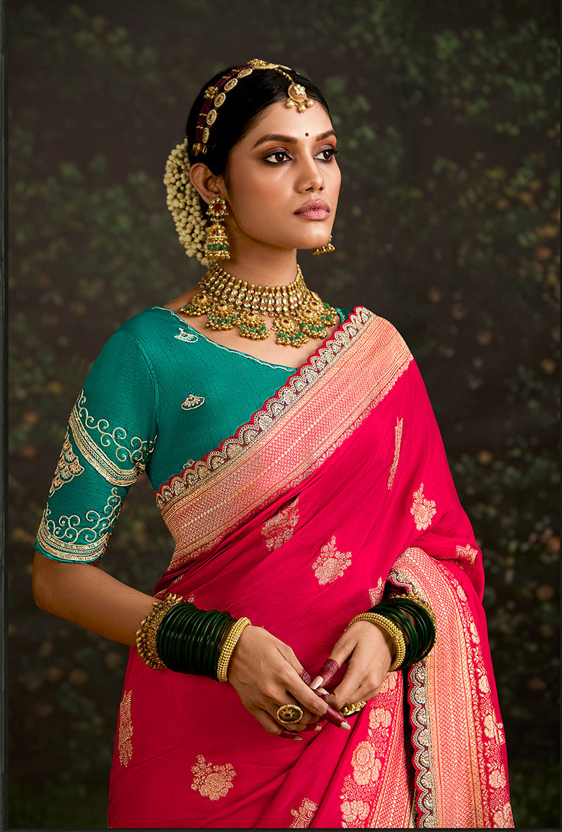 Monjolika Fashion Sequins Embroidered Border Work Dola Silk Crimson Reception Classic Saree | Grocsy