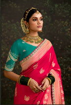 Monjolika Fashion Sequins Embroidered Border Work Dola Silk Crimson Reception Classic Saree | Grocsy