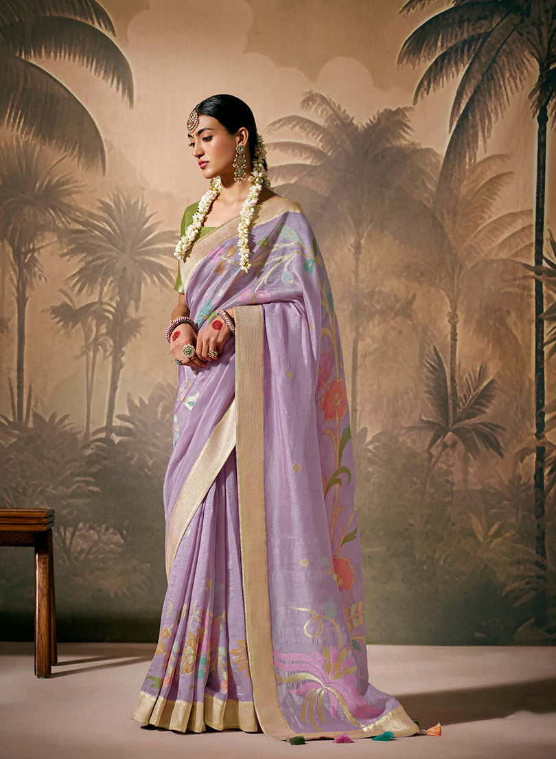 Monjolika Fashion Silk Floral Pattern Zari Work Lavender Contemporary Saree | Grocsy