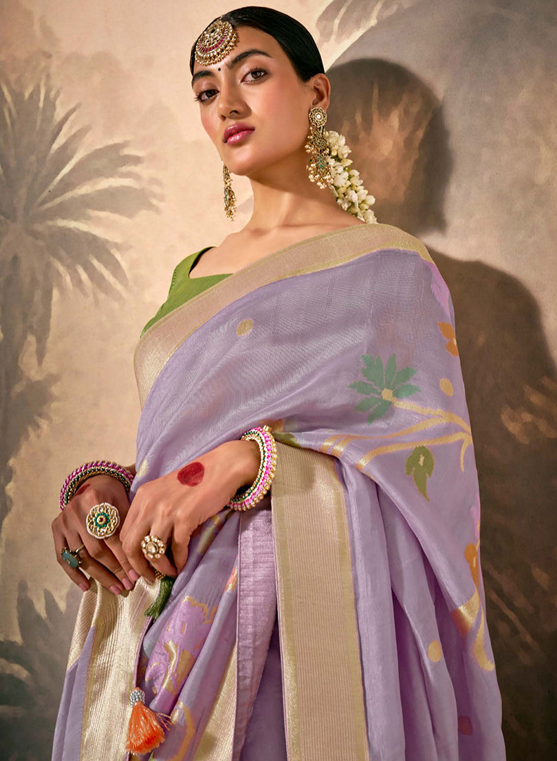 Monjolika Fashion Silk Floral Pattern Zari Work Lavender Contemporary Saree | Grocsy