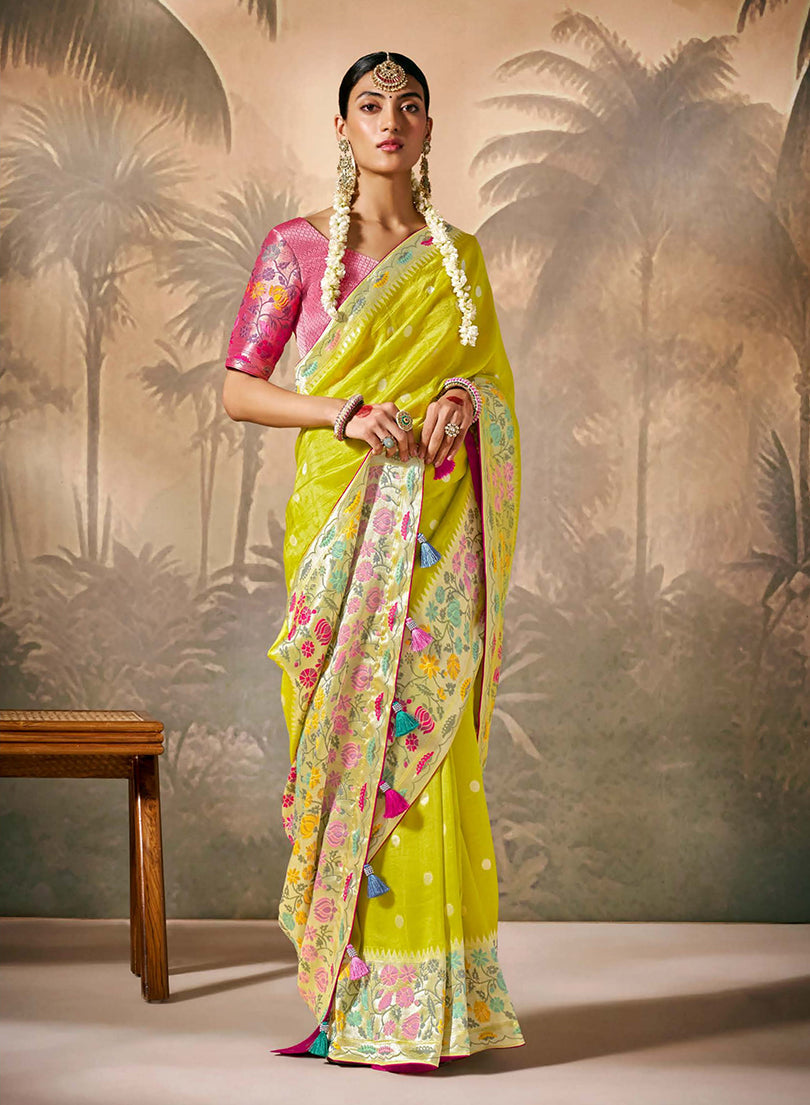 Monjolika Fashion Silk Floral Pattern Zari Work Pear Contemporary Saree | Grocsy