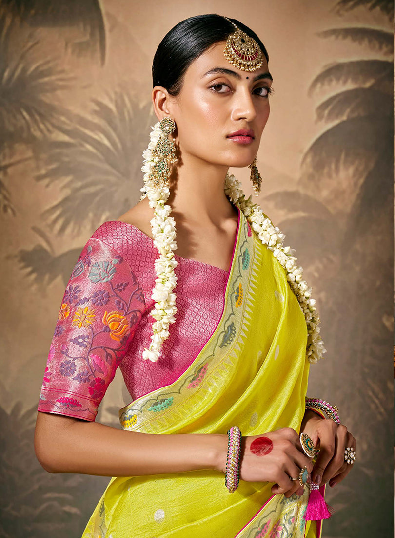 Monjolika Fashion Silk Floral Pattern Zari Work Pear Contemporary Saree | Grocsy