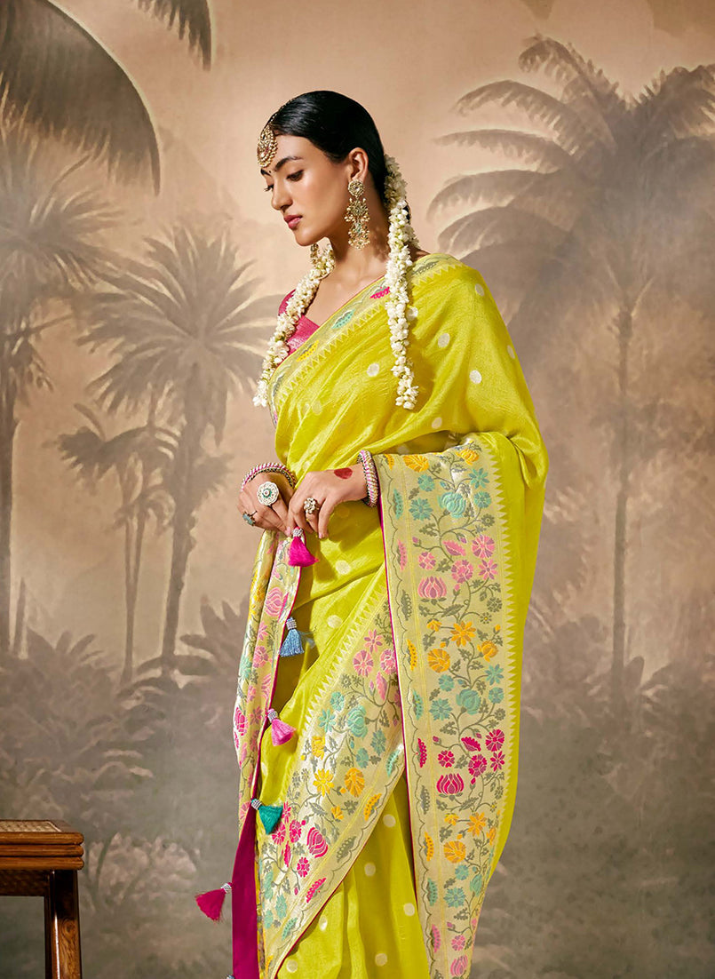Monjolika Fashion Silk Floral Pattern Zari Work Pear Contemporary Saree | Grocsy