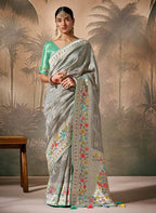 Monjolika Fashion Silk Floral Pattern Zari Work Grey Contemporary Saree | Grocsy