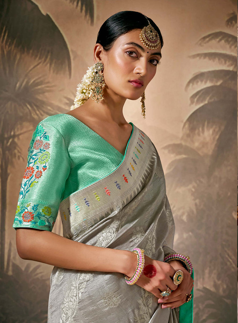Monjolika Fashion Silk Floral Pattern Zari Work Grey Contemporary Saree | Grocsy