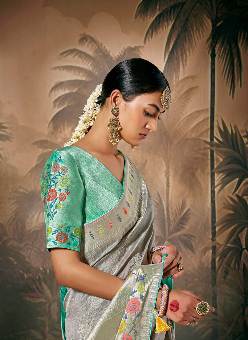 Monjolika Fashion Silk Floral Pattern Zari Work Grey Contemporary Saree | Grocsy