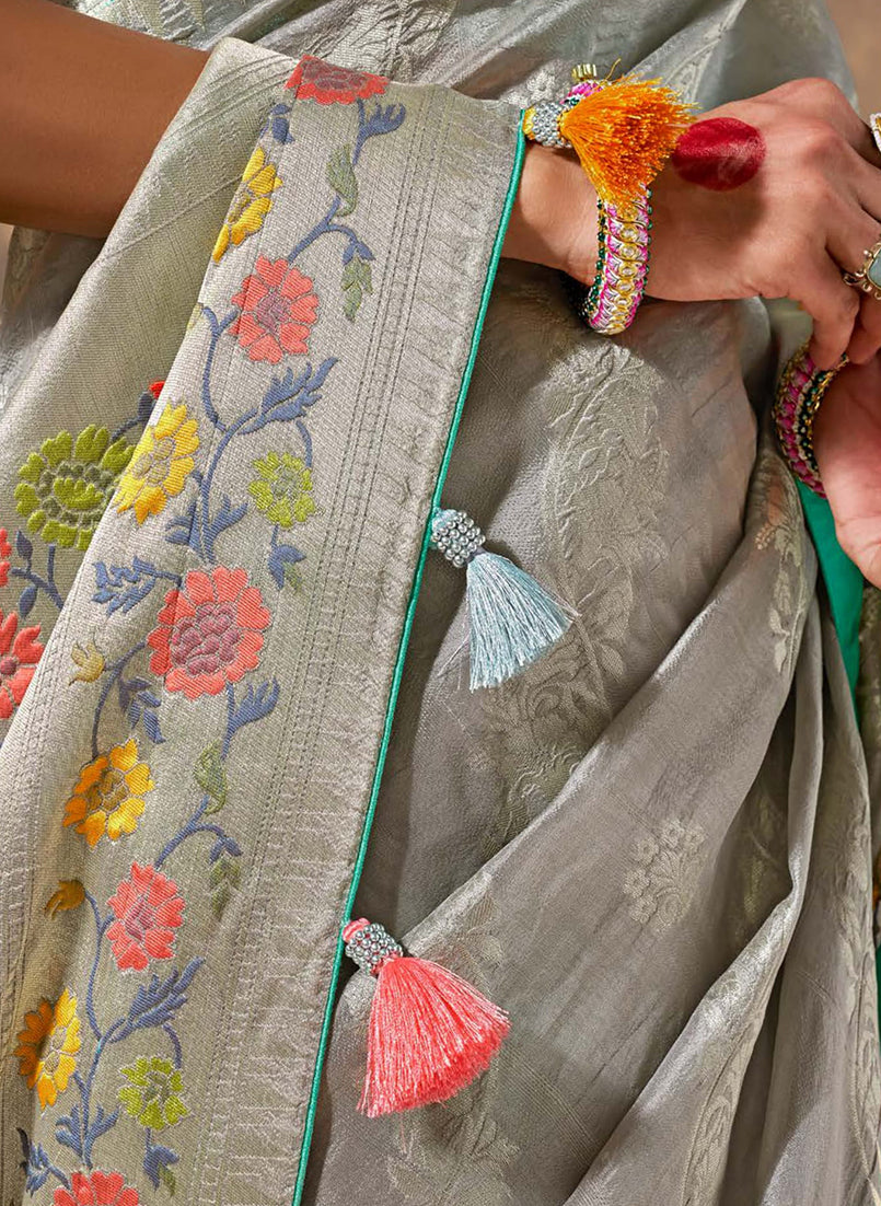 Monjolika Fashion Silk Floral Pattern Zari Work Grey Contemporary Saree | Grocsy