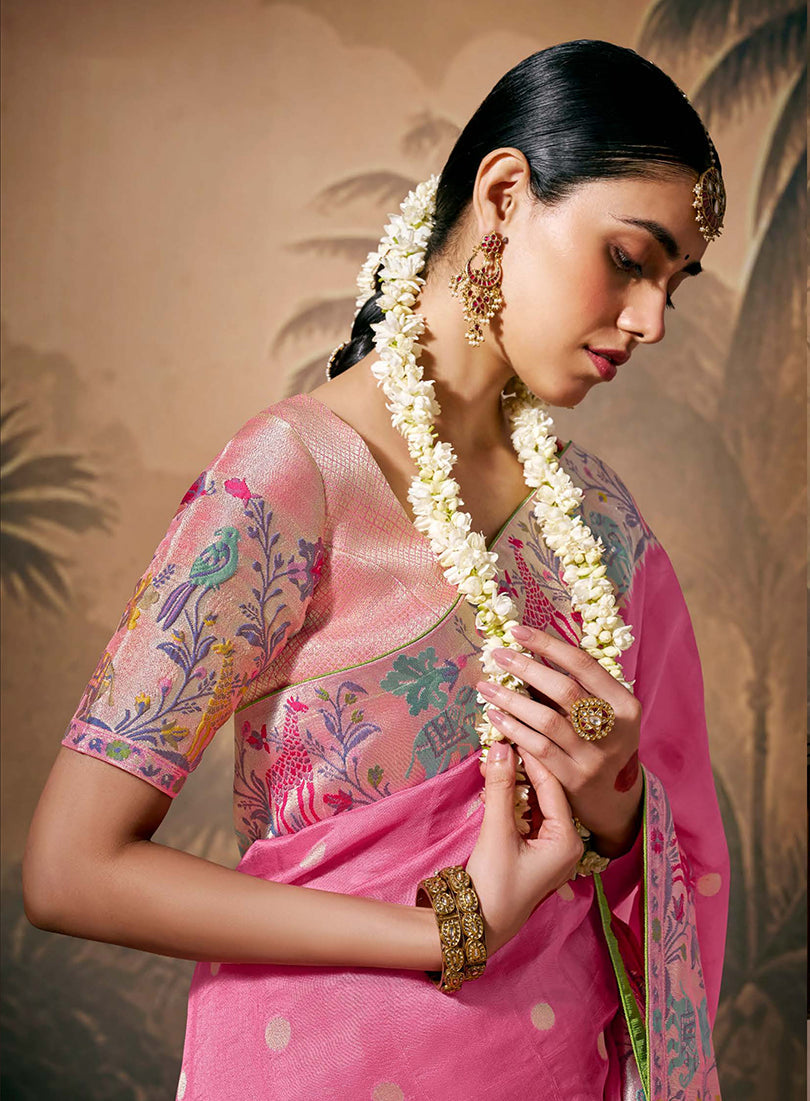 Monjolika Fashion Silk Floral Pattern Zari Work Pink Contemporary Saree | Grocsy