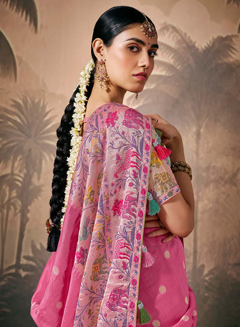 Monjolika Fashion Silk Floral Pattern Zari Work Pink Contemporary Saree | Grocsy