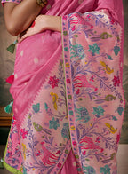 Monjolika Fashion Silk Floral Pattern Zari Work Pink Contemporary Saree | Grocsy